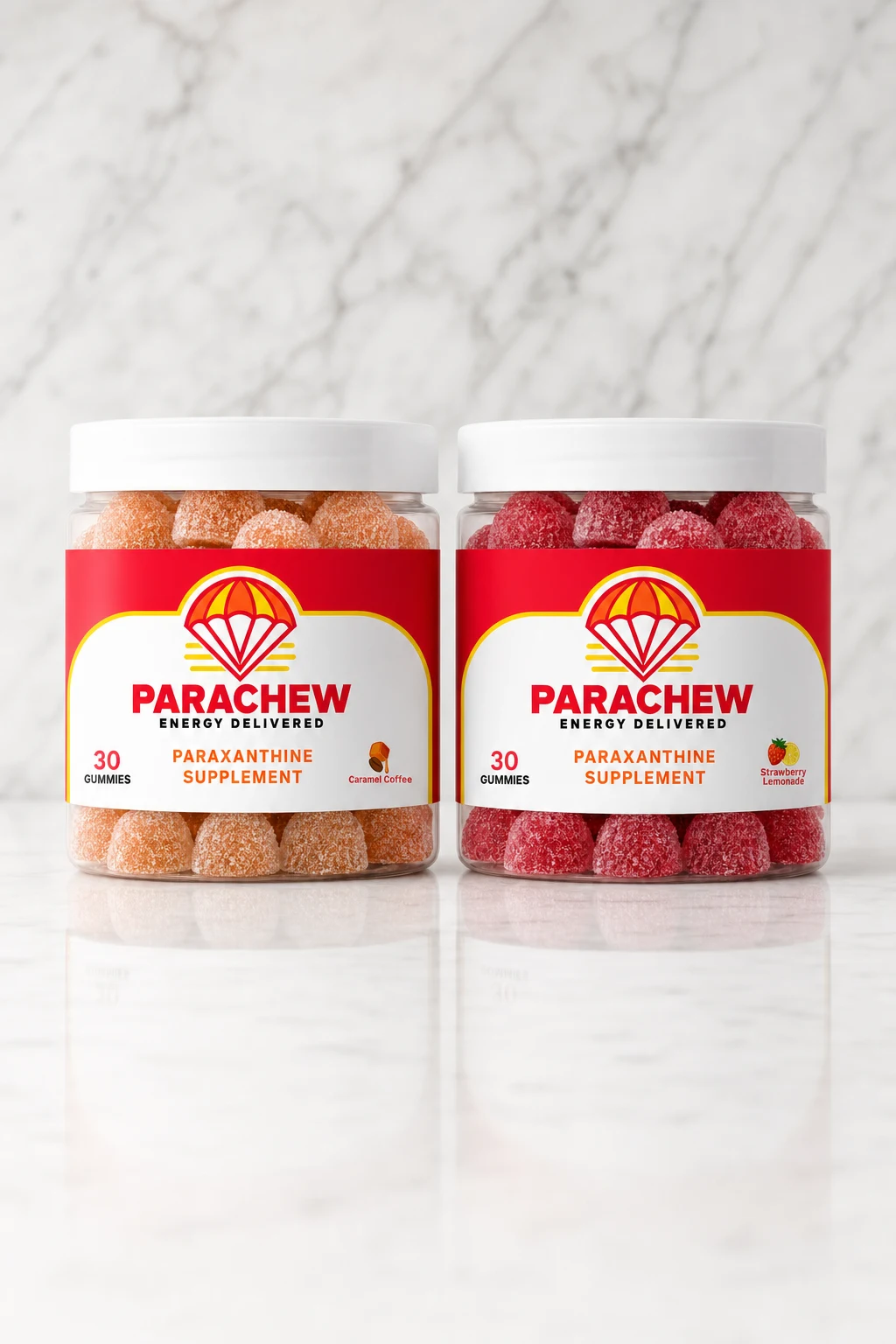 Parachew Caramel Coffee and Strawberry Lemonade paraxanthine gummy jars side by side on a marble surface