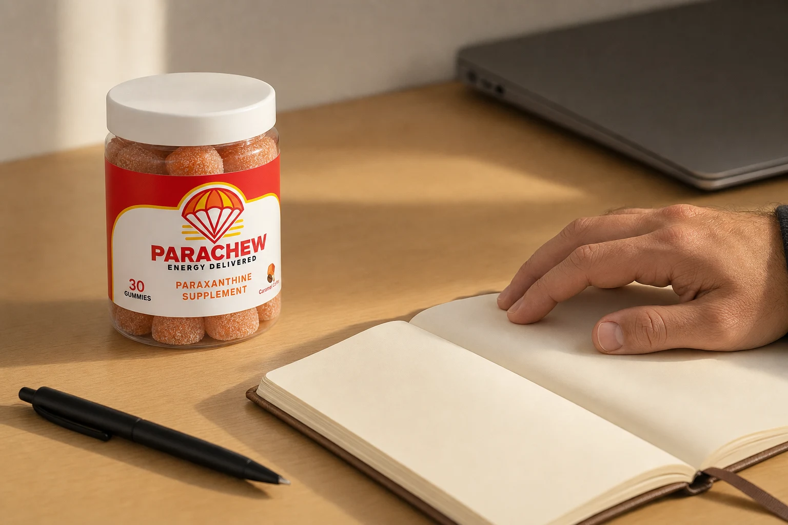 Parachew jar on a desk beside an open notebook, pen and laptop with a hand resting on the page