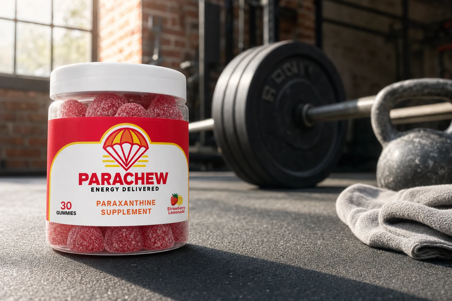 Parachew jar on a gym floor with a loaded barbell and kettlebell behind it in hard morning light